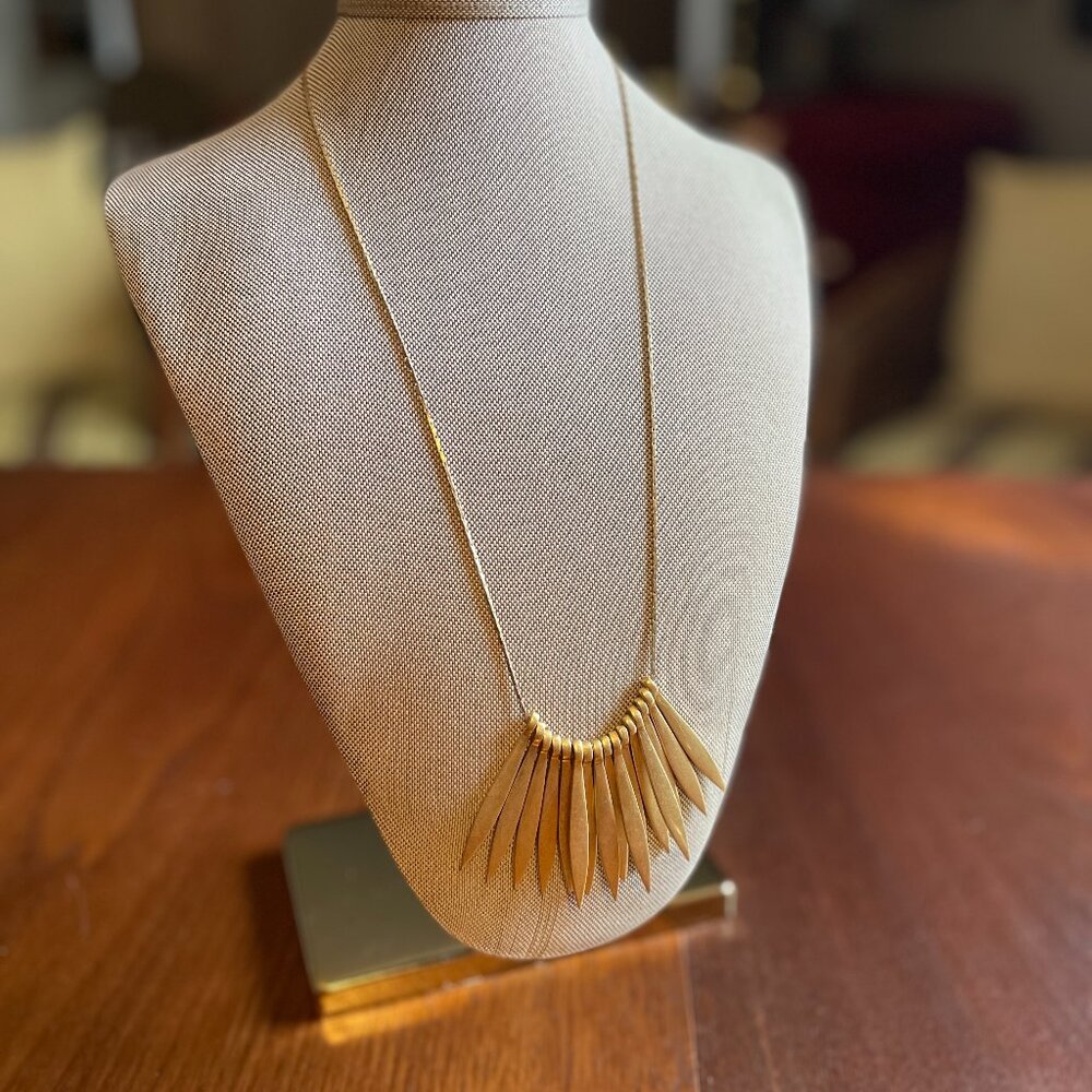 Madewell Vermeil Necklace Art Deco Feather Fan Design with "M" Charm Tag